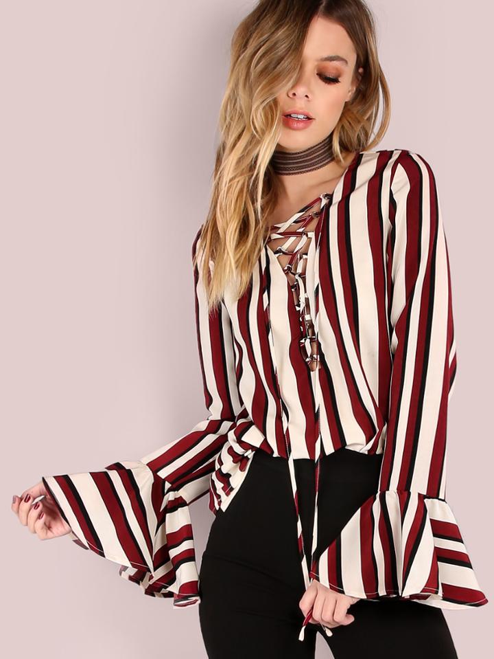Shein Multicolor Striped Lace Up Bell Sleeve Blouse