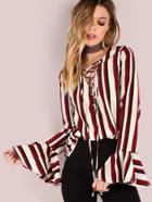 Shein Multicolor Striped Lace Up Bell Sleeve Blouse