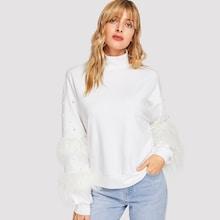 Shein Pearls Beaded Faux Fur Decoration Pullover