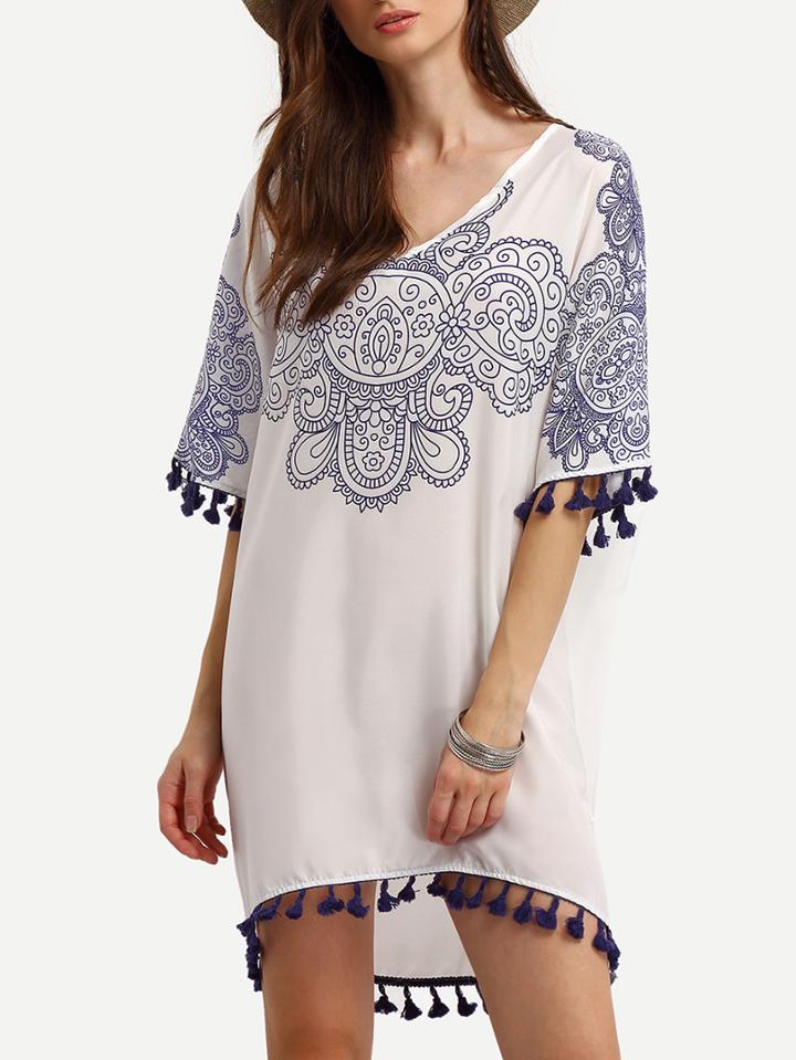 Shein Blue And White Print Tassel Trim Dress