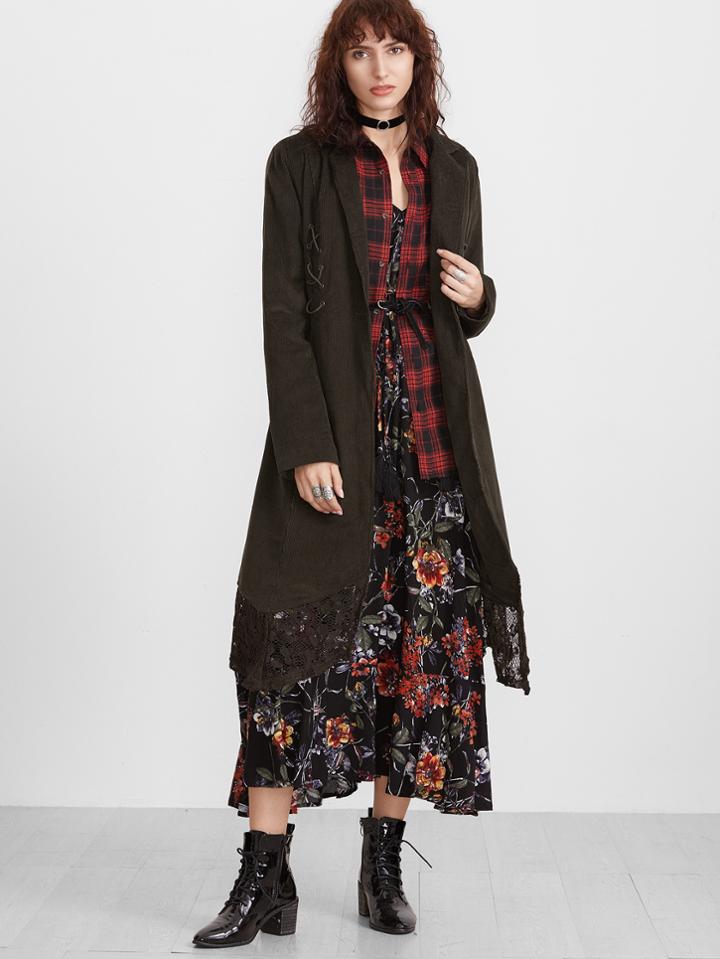 Shein Dark Green Lace Up Contrast Lace Asymmetric Hem Coat