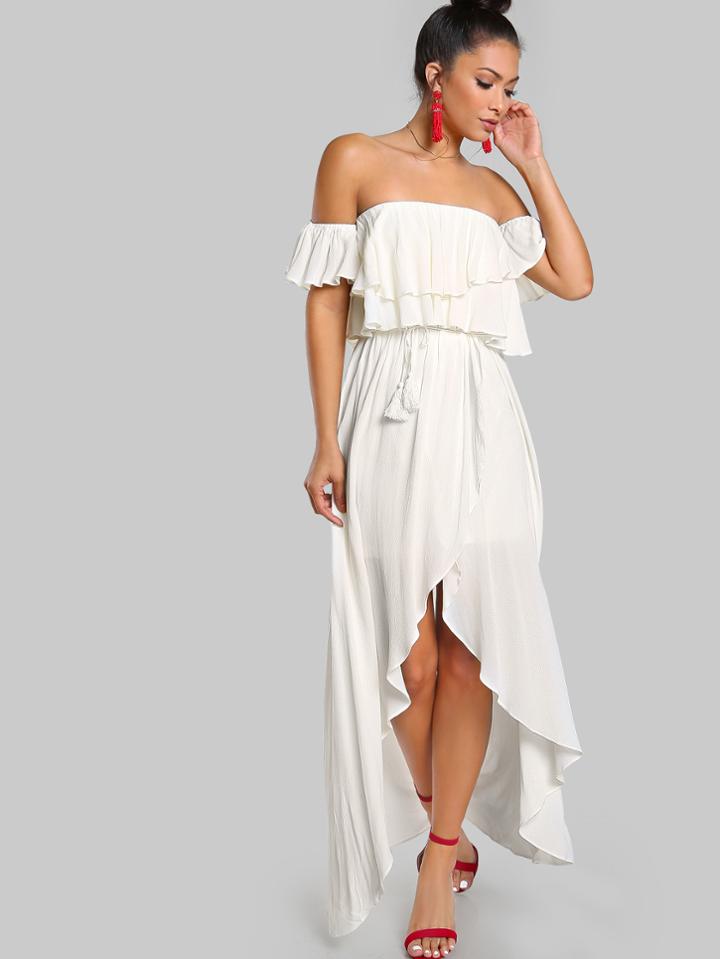 Shein Flounce Bardot Sleeve High Low Maxi Dress Ivory