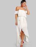 Shein Flounce Bardot Sleeve High Low Maxi Dress Ivory