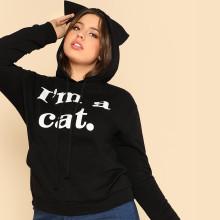 Shein Plus Ear Hooded Letter Print Sweatshirt