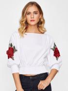 Shein 3d Rose Applique Shirred Cuff And Hem Top