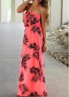 Rosewe Strapless Print High Waist Pink Maxi Dress