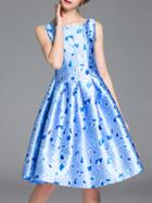 Shein Blue Crew Neck Print A-line Dress