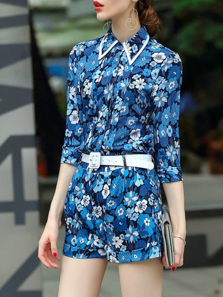 Shein Flowers Print Belted Top With Shorts