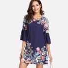 Shein Floral Print Flounce Sleeve Textured Dress