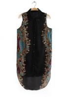 Rosewe Chic Turndown Collar Sleeveless Totem Print Chiffon Shirts