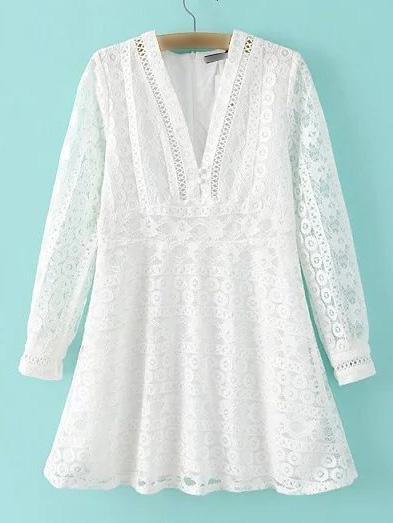 Shein White Long Sleeve V Neck Zipper Lace Dress