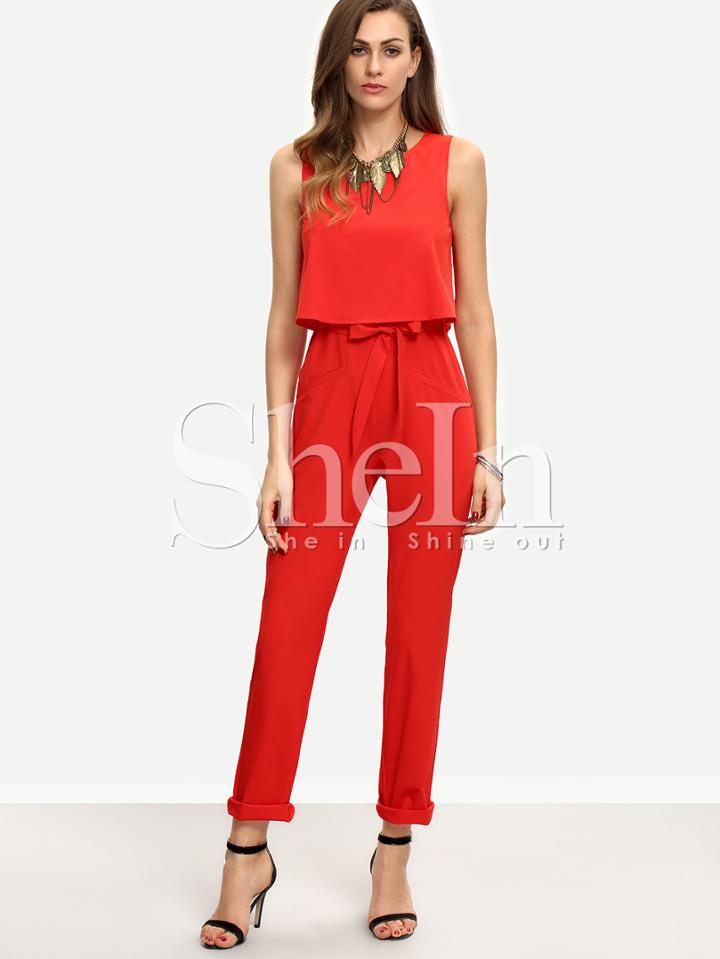 Shein Red Sleeveless Bow Tie Waist Jumpsuit
