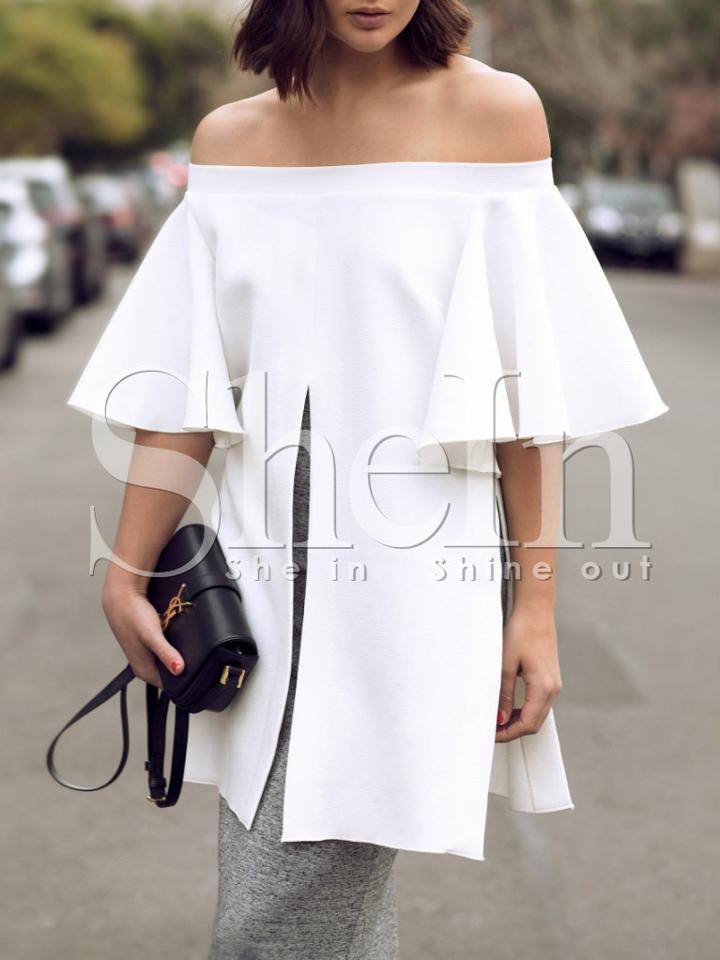 Shein Beige Bell Sleeve Off The Shoulder Split Blouse