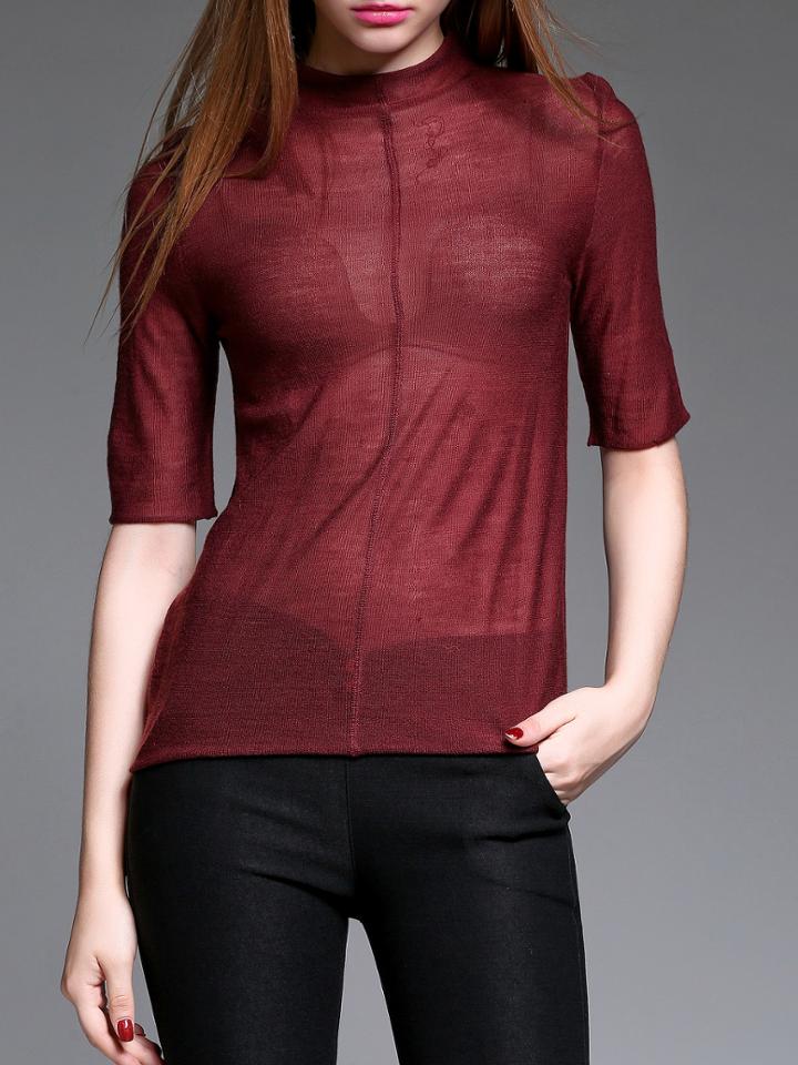 Shein Burgundy Collar Sheer Knit Blouse