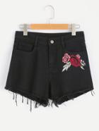 Shein Rose Embroidered Raw Cut Denim Shorts