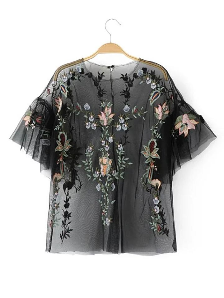 Shein Flower Embroidery Sheer Mesh Top