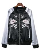 Shein Black Floral Embroidery Baseball Bomber Jacket