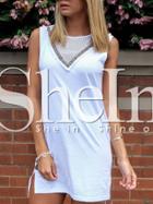 Shein White Geommetric Hollow Embroidery Fringed Split Dress