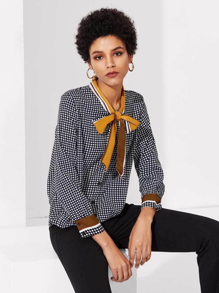 Shein Striped Tie Neck Dot Print Blouse