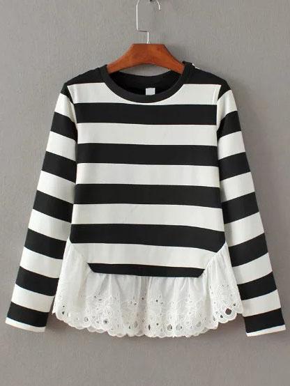 Shein Black And White Striped Contrast Lace Hem T-shirt