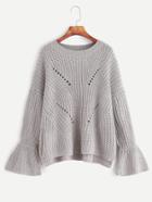Shein Grey Bell Sleeve Slit Side High Low Hollow Sweater