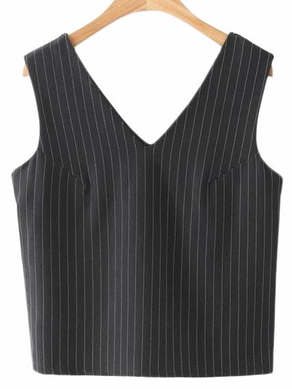 Shein Black V Neck Vertical Stripe Tank Top