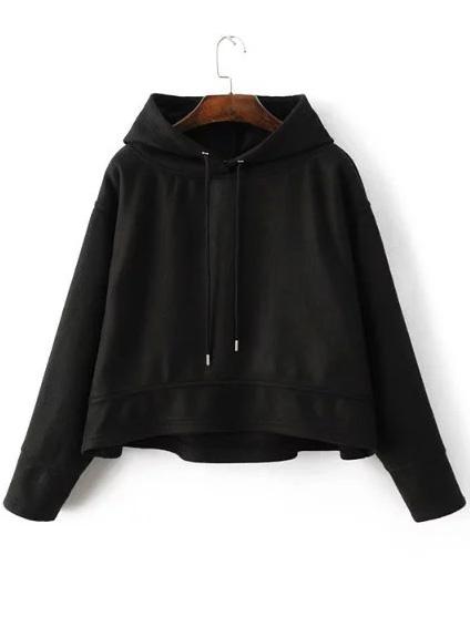 Shein Black Drawstring Hooded Crop Sweatshirt