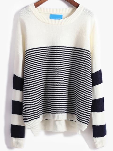 Shein White Blue Round Neck Striped Loose Sweater