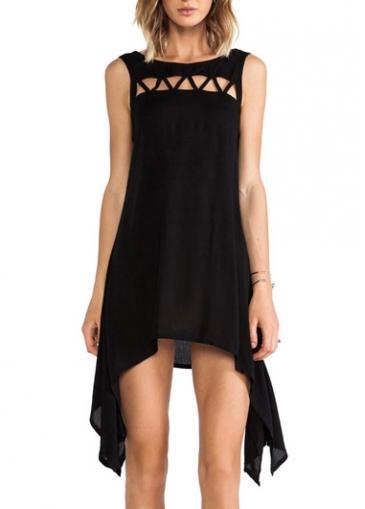 Rosewe Attractive Hollow Design Sleeveless Black High Low Dress