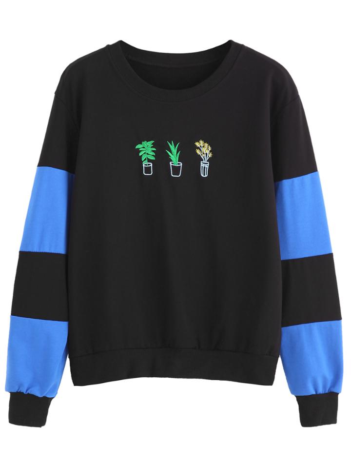 Shein Black Potted Embroidered Sweatshirt