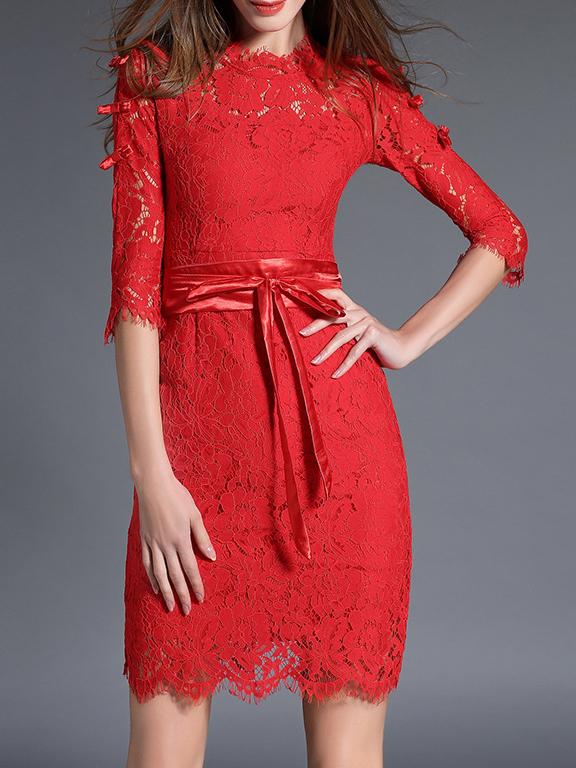 Shein Red Tie-waist Bowknot Lace Sheath Dress
