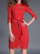 Shein Red Tie-waist Bowknot Lace Sheath Dress