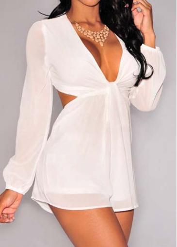 Rosewe Lace Panel Plunging Neck White Romper