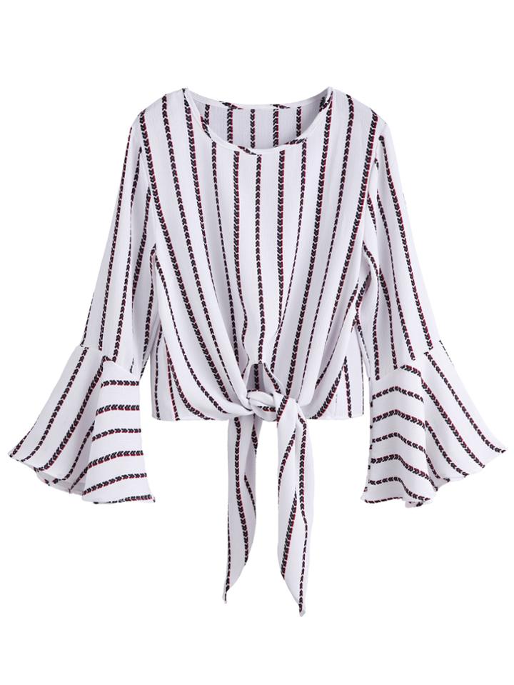 Shein White Striped Knot Front Bell Sleeve Crop Blouse