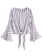 Shein White Striped Knot Front Bell Sleeve Crop Blouse