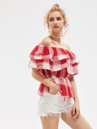 Shein Check Plaid Tiered Frill Trim Bardot Top
