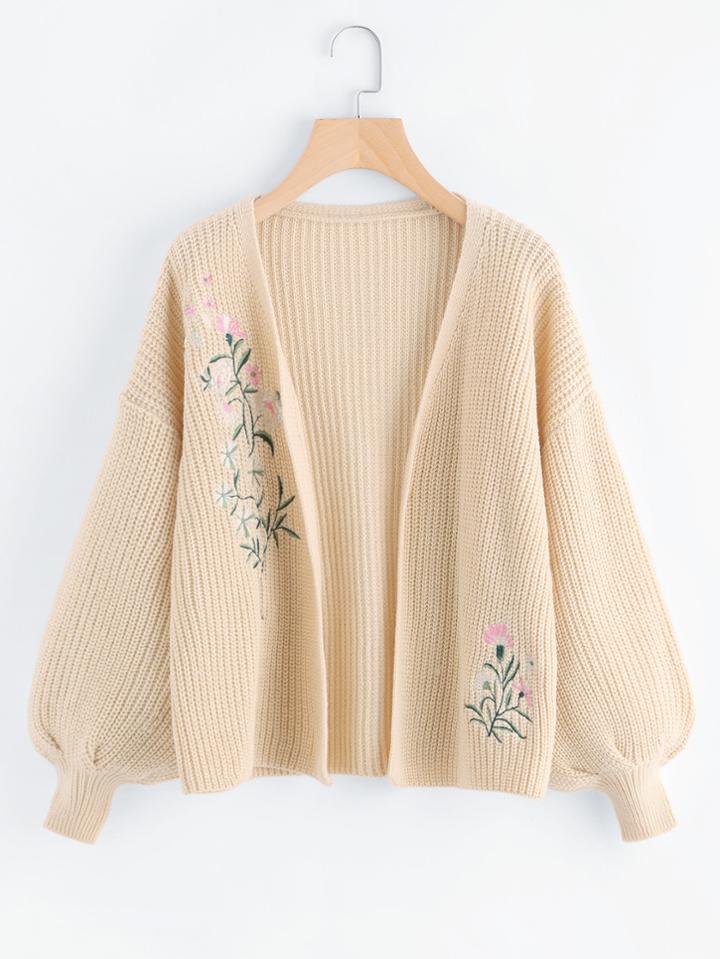 Shein Bishop Sleeve Botanical Embroidered Cardigan