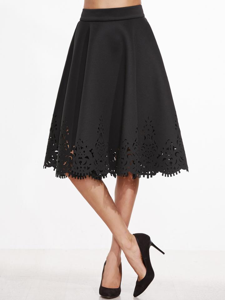 Shein Black Laser Cut Out Zipper Back A Line Skirt
