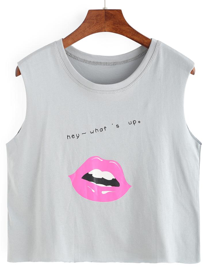 Shein Lip Print Crop Tank Top - Light Blue