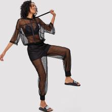 Shein Sheer Mesh Hooded Top And Pants Set