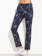 Shein Navy Polka Dot And Flower Print Ankle Pants
