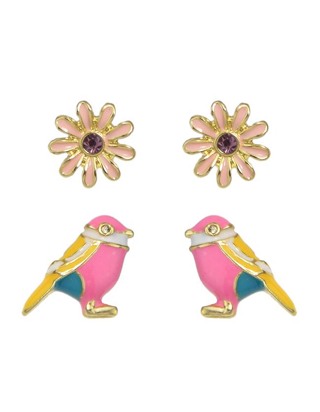 Shein Pink Enamel Flower Bird Shaped Korean Stud Earrings