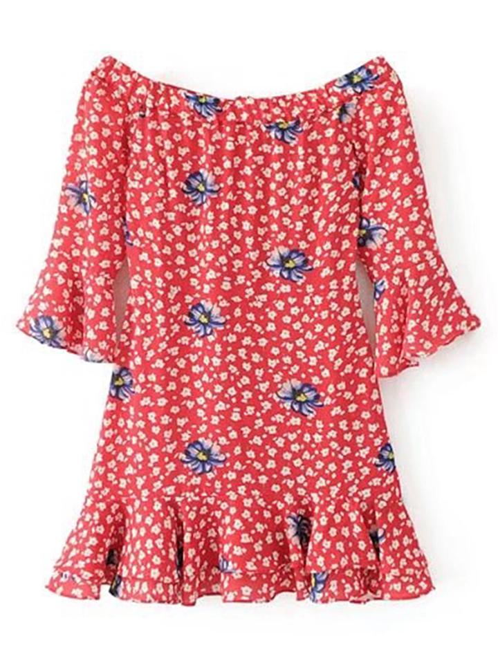 Shein Boat Neckline Bell Cuff Ruffle Tiered Hem Dress