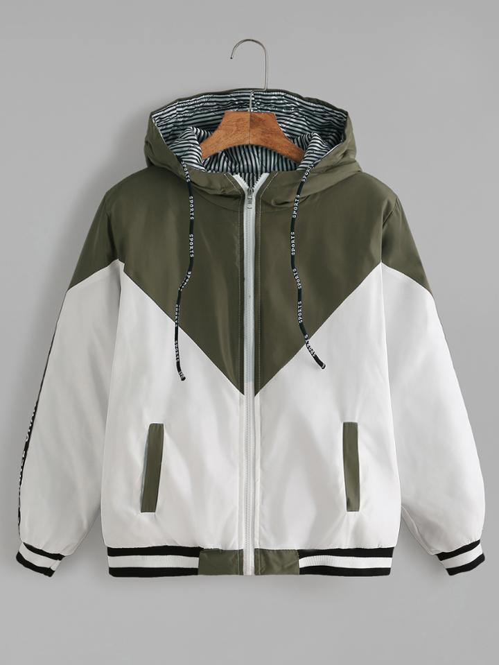 Shein Contrast Letter Tape Side Striped Lining Drawstring Hooded Jacket