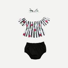 Shein Girls Rose Print Stripe Top With Shorts