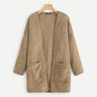 Shein Patch Pocket Open Front Fuzzy Teddy Coat