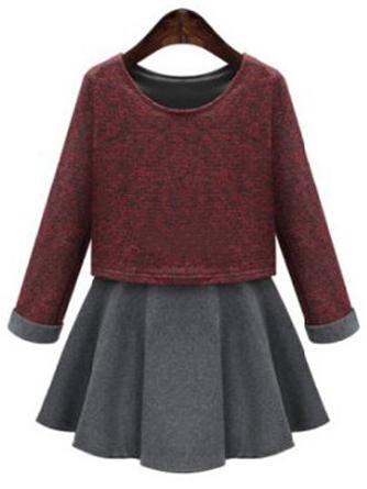 Shein Red Grey Round Neck Flare Plus Dress