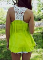 Rosewe Hollow Out Racerback White And Fluorescent Green Top