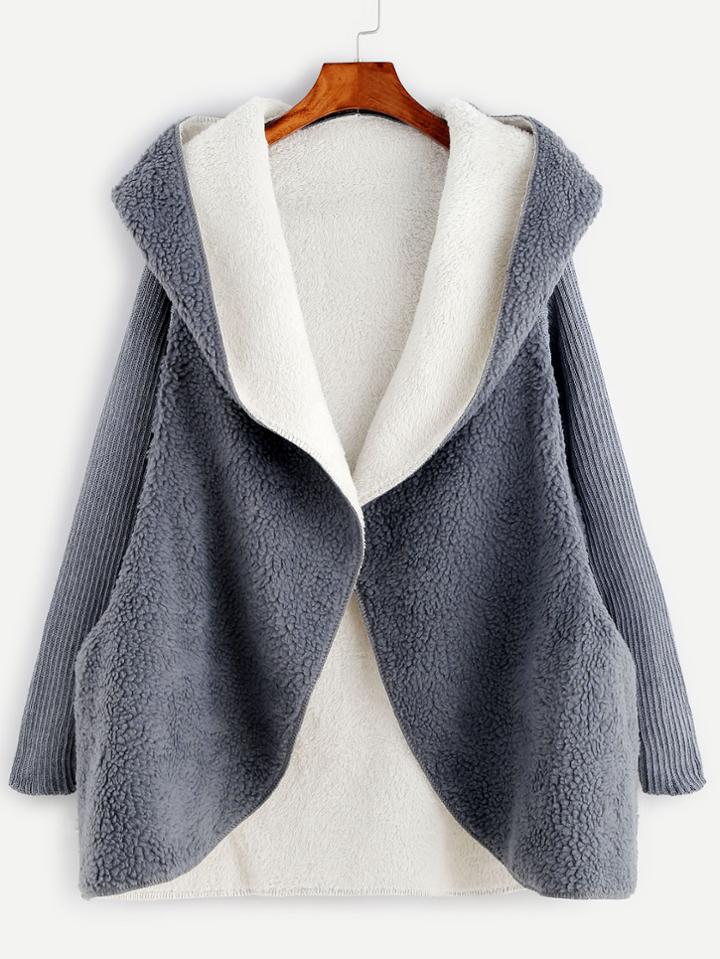Shein Contrast Ribbed Sleeve Hooded Sherpa Coat