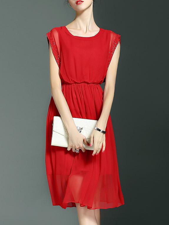 Shein Red Elastic-waist Sheer A-line Dress